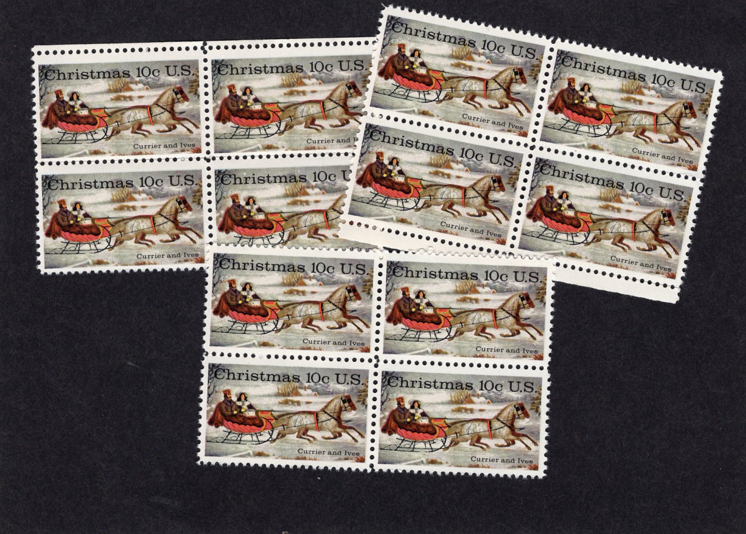 Horses & Sleigh, Winter Scene, U.S. Postage Stamps, 3 Blocks of 4, Holiday, Christmas