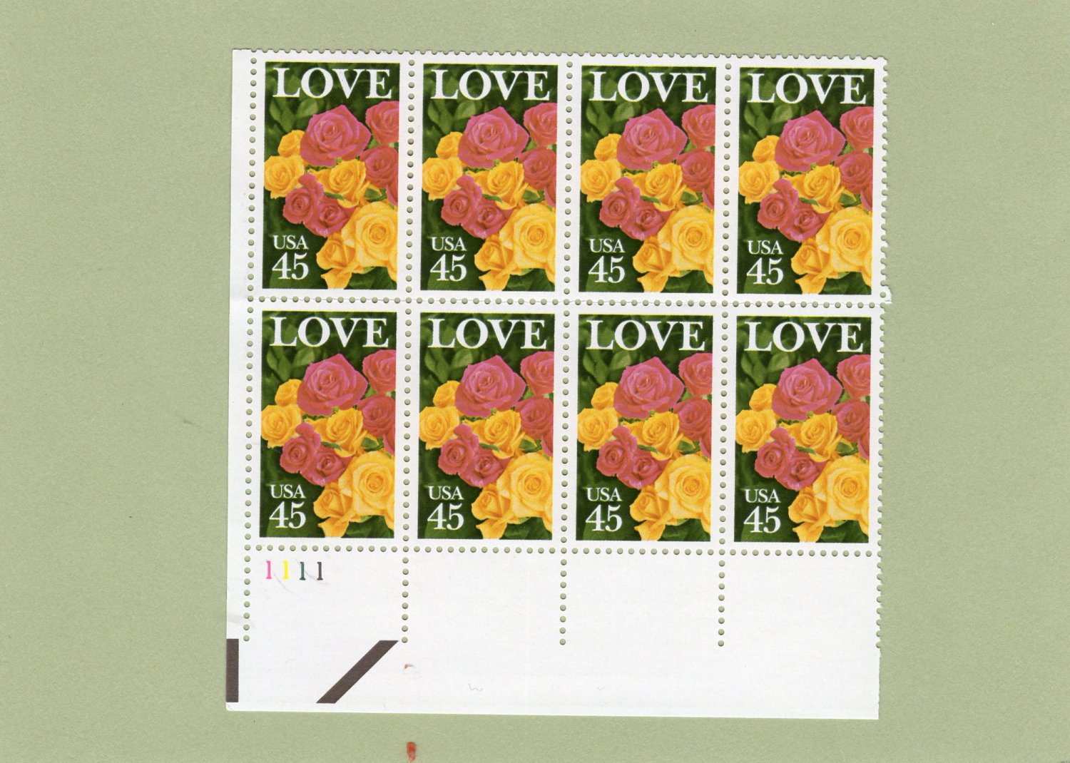 Love Roses U.S. Postage Stamps Block of 8 45c