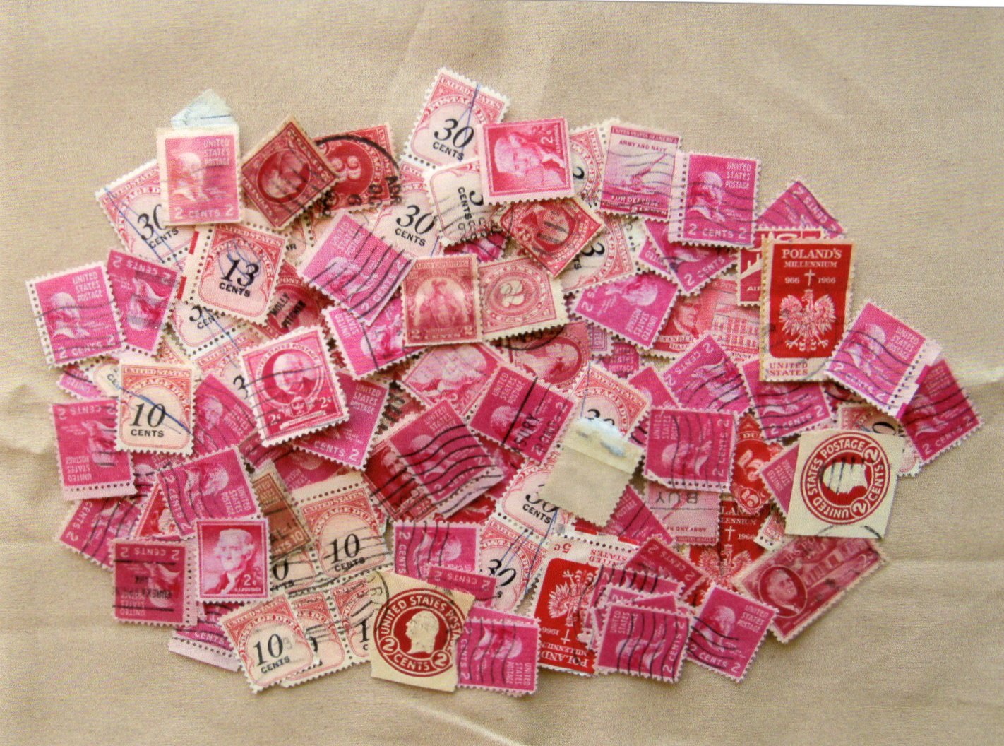 Red U.S. Used Postage Stamps For Craft Projects, Scrapbooking, Collage