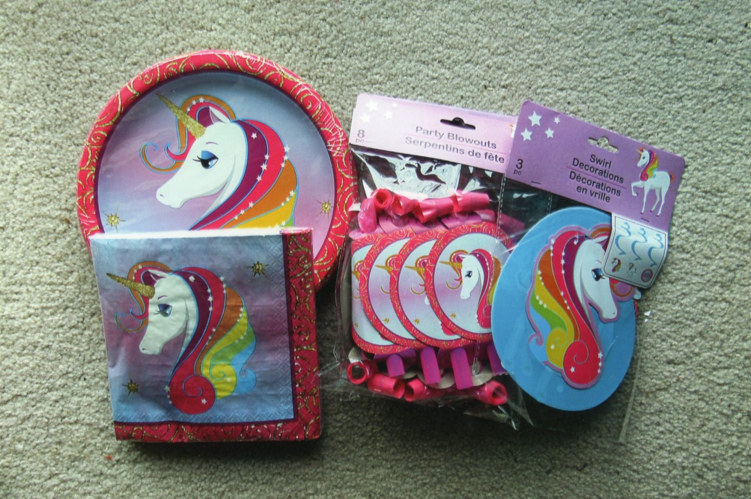 Rainbow Unicorn Themed Birthday Party Supplies, Mapkins, Plates, Blowouts