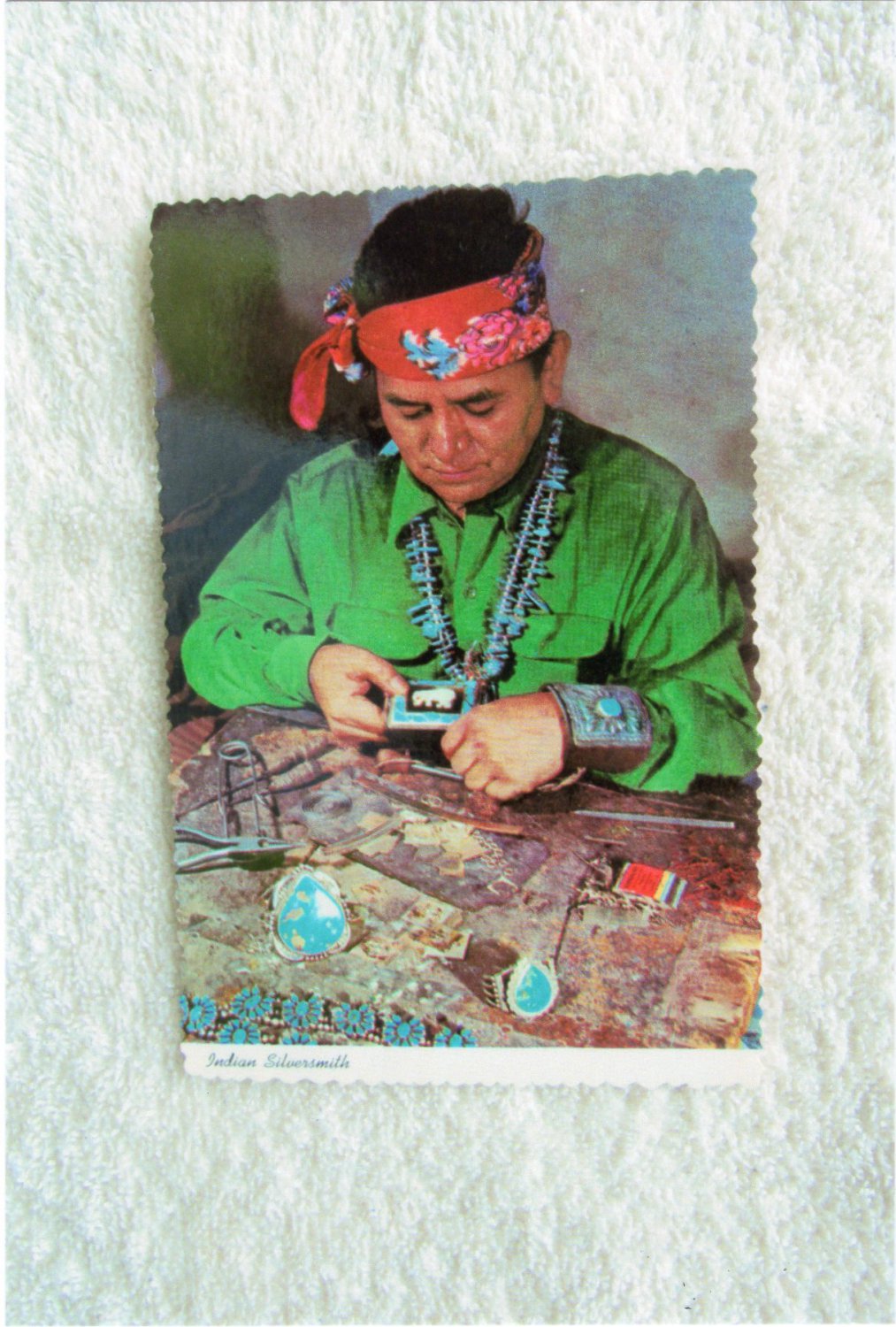 Indian Silversmith Postcard, Native American, Southwest, Jewelry, Turquoise