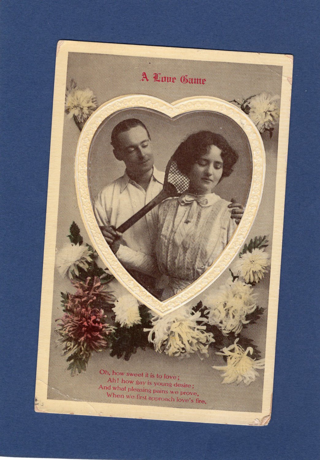 A Love Game Antique Postcard Man & Woman Portrait With Tennis Racquet Inside Heart