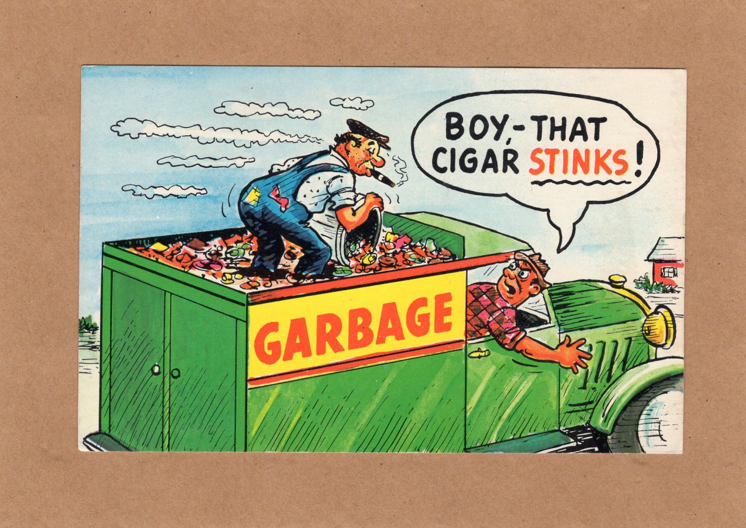 Boy - That Cigar Stinks Comic / Funny Humorous Postcard Trasj  Garbage Truck