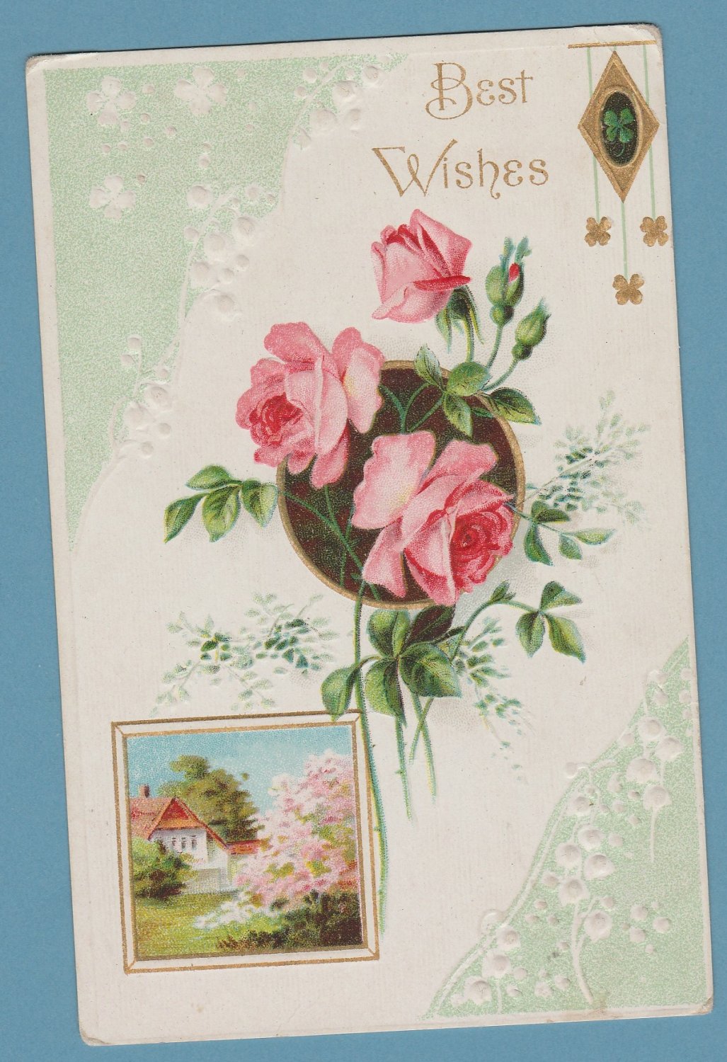 Best Wishes Pink Roses Floral Embossed Antique Postcard