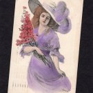 Young Woman In Purple Dress With Flowers Used Postcard Victorian Hat Pretty Lady