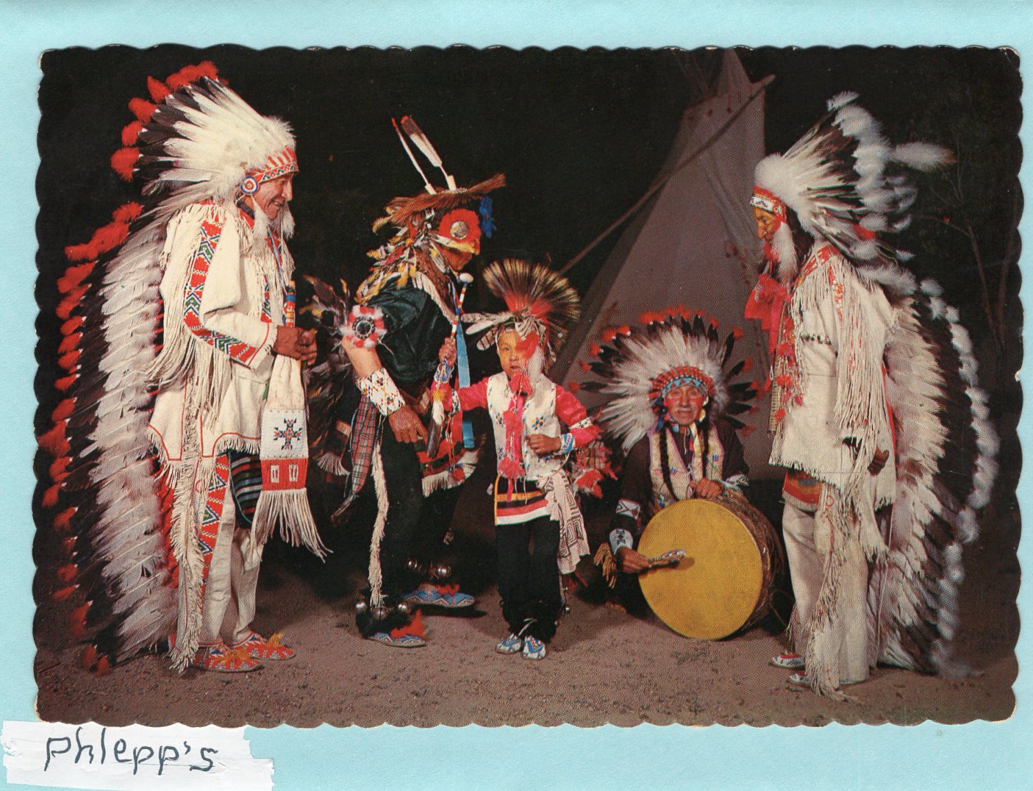 Ceremonial Display Postcard, Indigenous Dancers In Powwow Regalia With