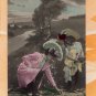 Woman & Child Stooping, Picking Up Pebbles, Old Postcard With One Cent Stamp, Victorian