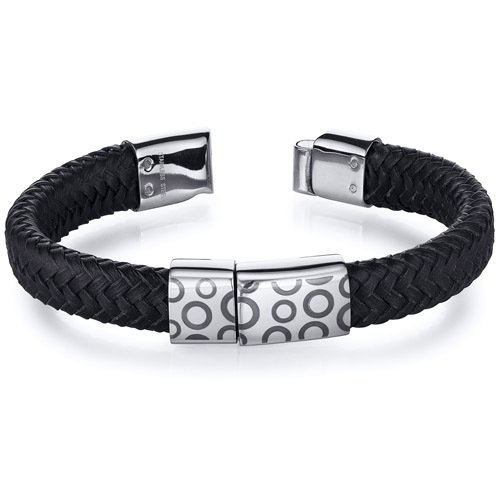 Stainless Steel Circle Motif Woven Black Leather Bracelet