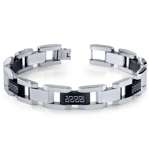 Stainless Steel & Silver Tone Greek Key Large Bracelet