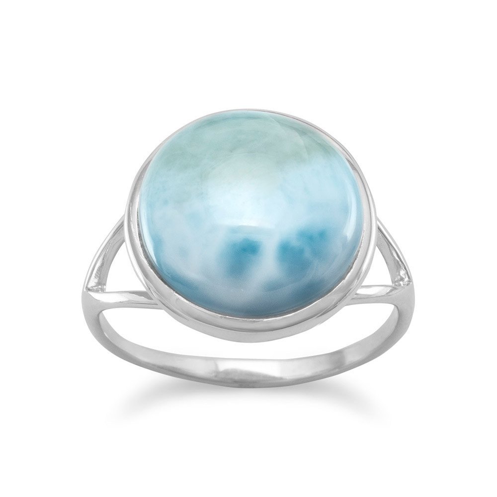 Rhodium Plated Split Design Round Larimar Ring