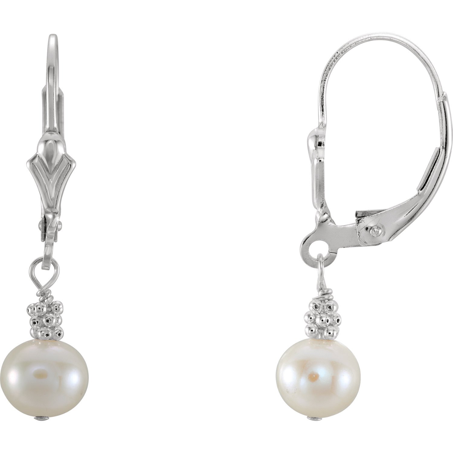 Sterling Silver White Pearl Leverback Earrings