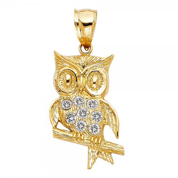 14K Yellow Gold Owl Pendant with Cubic Zirconia Accents