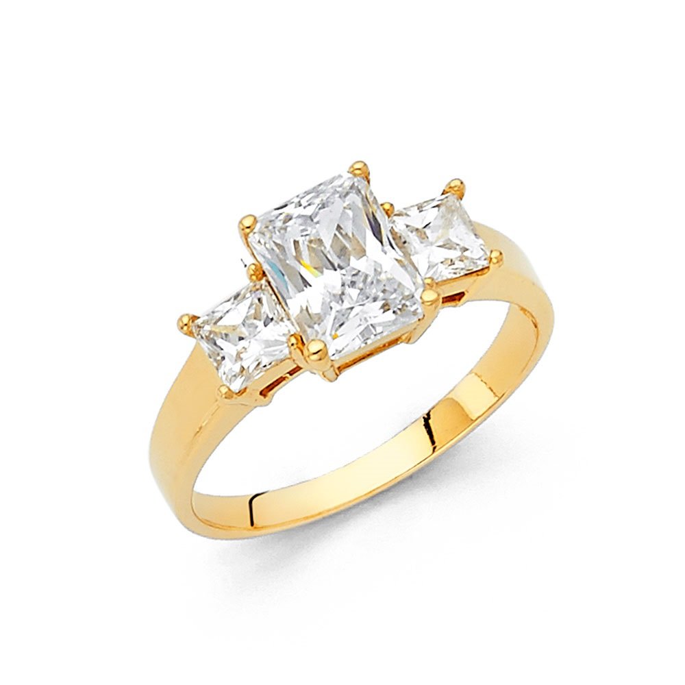 14K Yellow Gold 3-Stone Emerald Cut Cubic Zirconia Engagement Ring