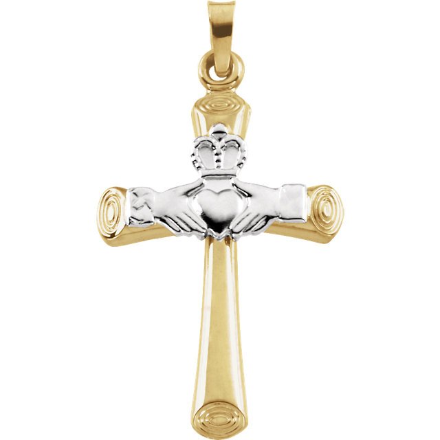 14K Two Tone Gold Hollow Claddagh Cross Pendant