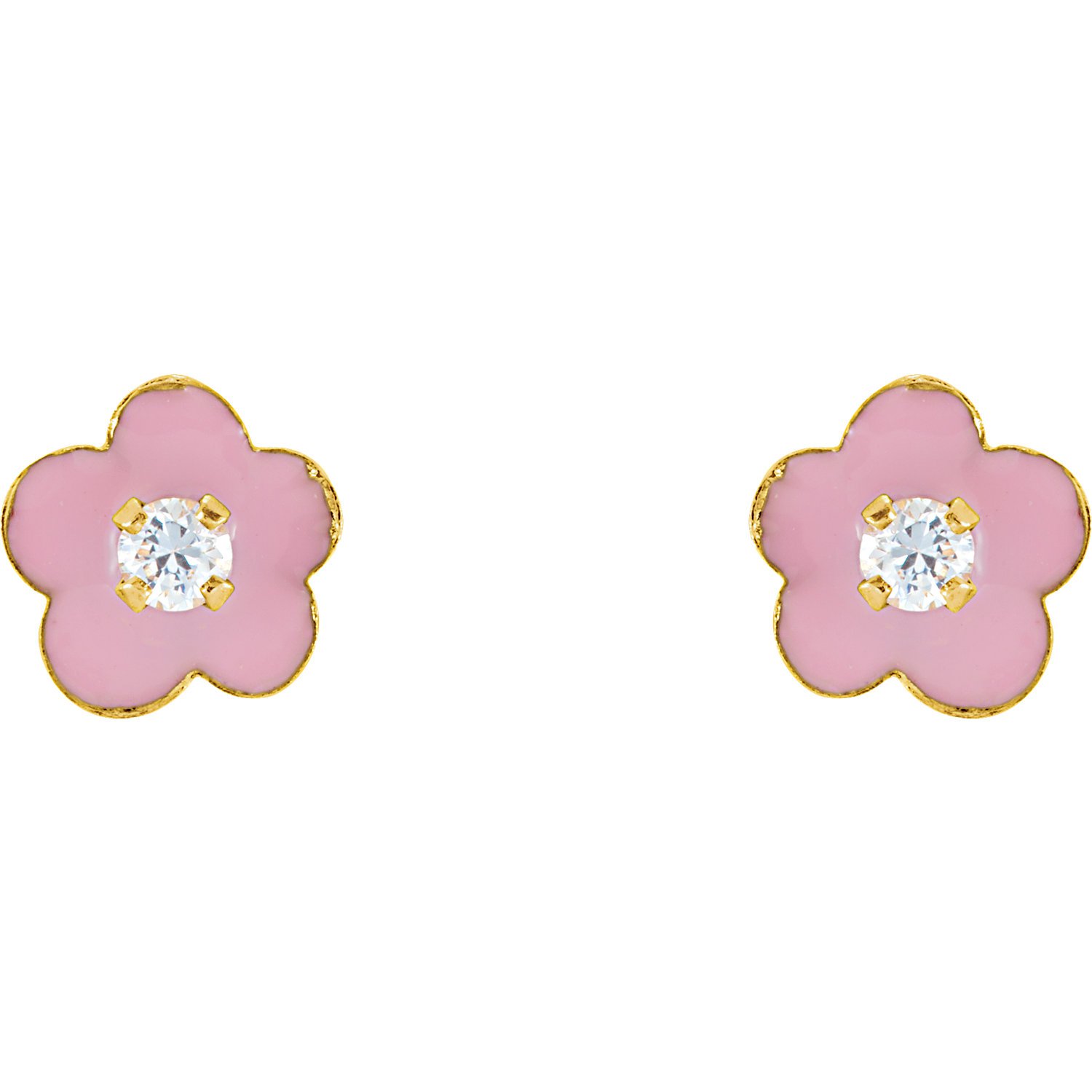 14K Yellow Gold Youth Pink Flower & Cubic Zirconia Earrings