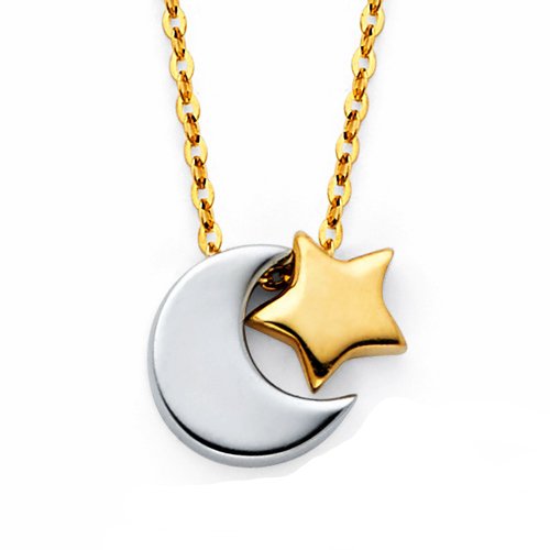 14K Two Tone Gold Moon & Star Necklace