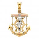 14K Tri Color Gold & Cubic Zirconia Crucifix Anchor Pendant