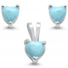 Sterling Silver Natural Larimar Heart Earrings & Pendant Set