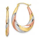 10K Tri Color Hollow Oval Scalloped Hoop Earrings