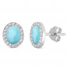 Sterling Silver Natural Larimar & CZ Oval Stud Earrings