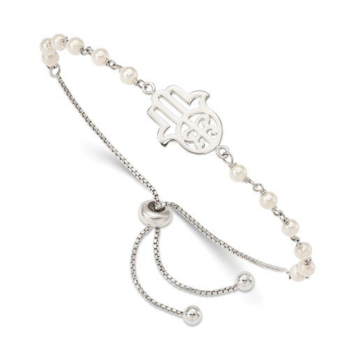Sterling Silver Hamsa Adjustable Bracelet with Freshwater Cultured Pearls