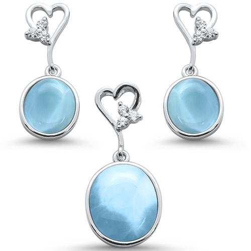 Sterling Silver Natural Larimar & CZ with Heart Set