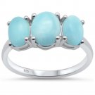 Sterling Silver Natural Larimar Oval Three Stone Ring