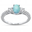 Sterling Silver Natural Oval Larimar & Cubic Zirconia Ring