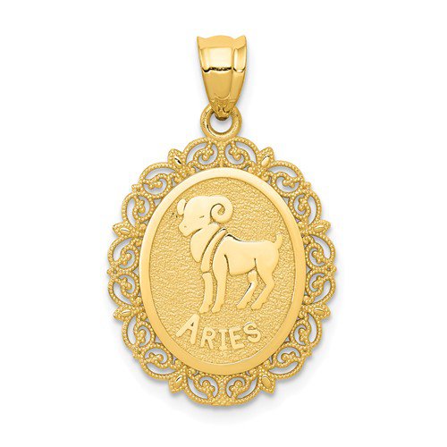 14K Yellow Gold Aries Zodiac Oval Pendant