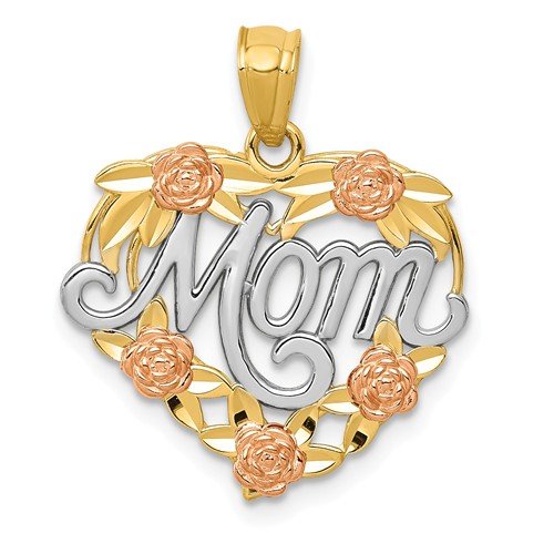 14K Tri Color Gold "Mom" Heart Pendant