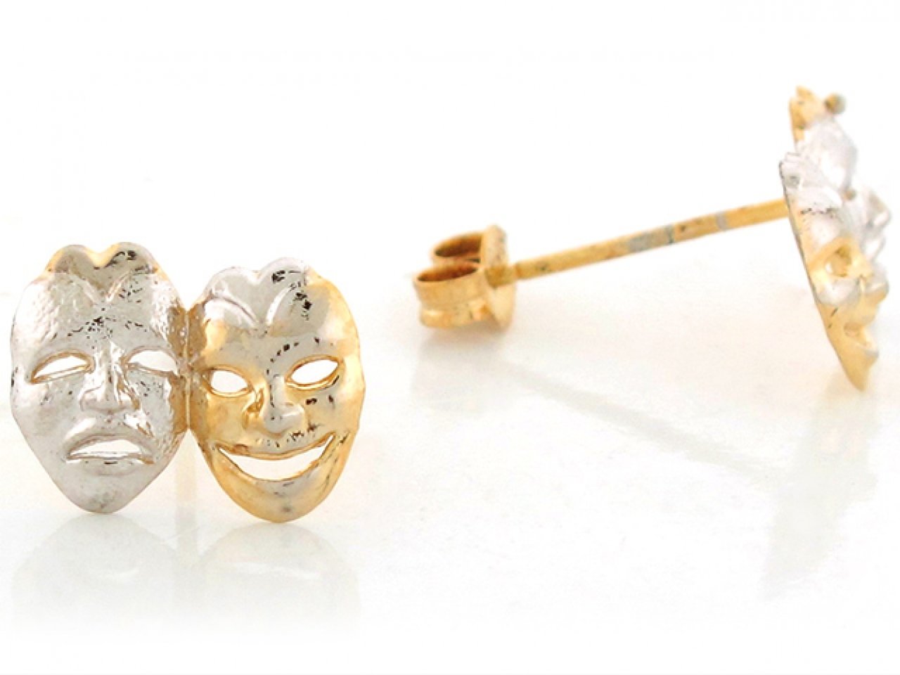 14K Two Tone Gold Drama Face Theater Mask Stud Earrings