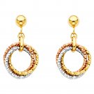 14K Tri Color Gold Three Rings Hanging Earrings
