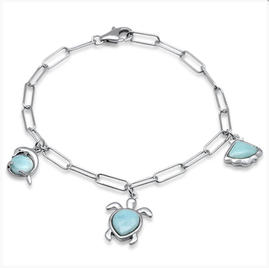 Sterling Silver Natural Larimar Turtle & Dolphin Paperclip Charm Bracelet