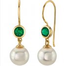 14K Yellow Gold 8mm Freshwater Cultured Pearl & Created Emerald Earrings