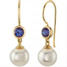 14K Yellow Gold 8mm Freshwater Cultured Pearl & Created Alexandrite Earrings