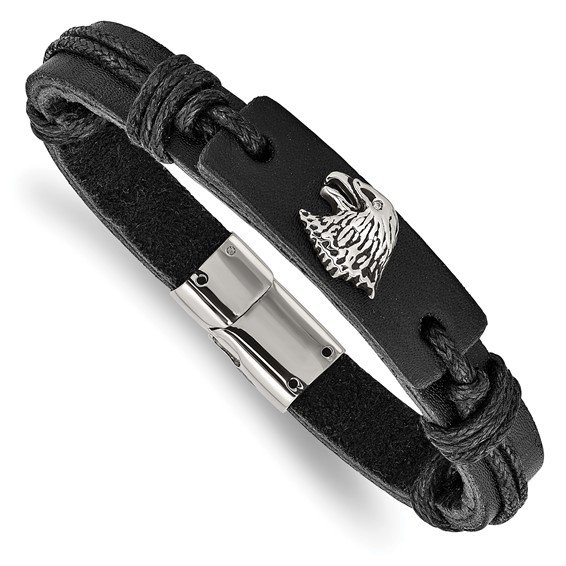 Stainless Steel Antiqued & Polished Eagle Head Black Leather Bracelet