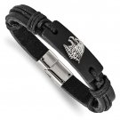 Stainless Steel Antiqued & Polished Eagle Head Black Leather Bracelet