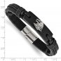 Stainless Steel Antiqued & Polished Eagle Head Black Leather Bracelet