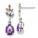 Sterling Silver & 14K Yellow Gold Leaf Amethyst Dangle Post Earrings
