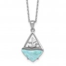 Sterling Silver Rhodium Plated Larimar Sailboat Necklace w/2 Inch Extension