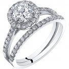 14K White Gold Halo Engagement Ring & Wedding Band Bridal Set