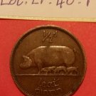1940 pre-decimal Irish "Leath Pingin" or half penny harp sow and piglets