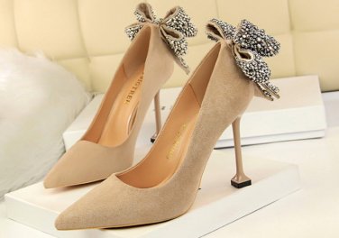 87H099 Cute rhinestones bow detail pump,available US size 4-9, khaki