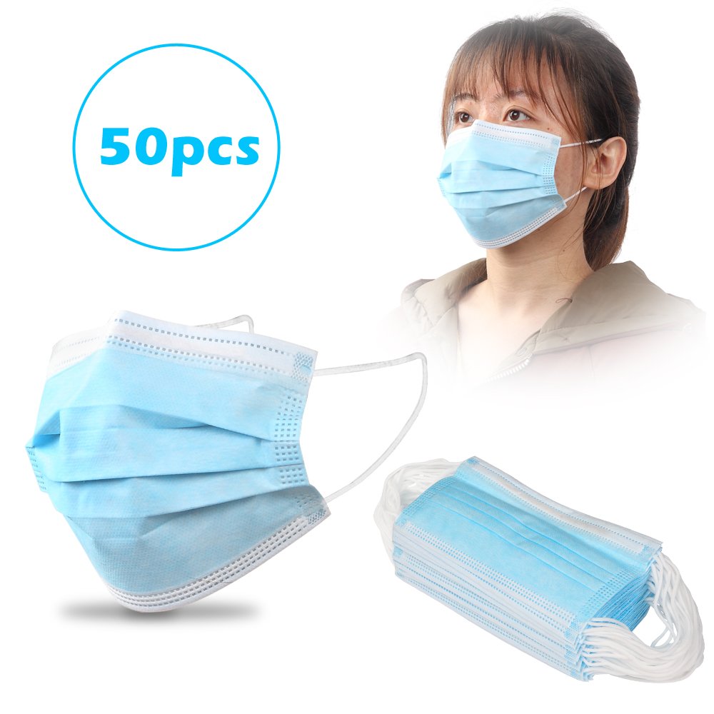 50-Pack 3-Ply Disposable Face Mask with Elastic Earloop Blue