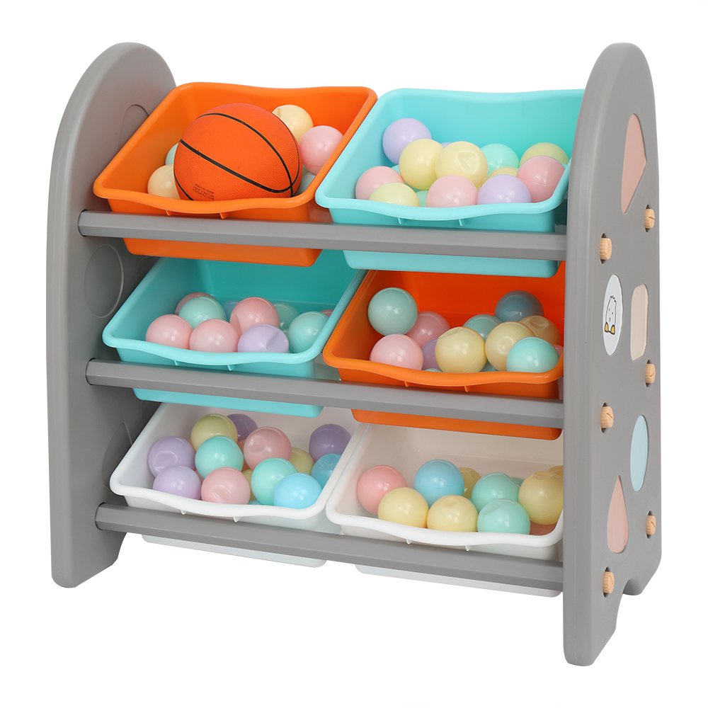 Wooden Kids' Toy Storage Organizer with 6 Plastic Bins