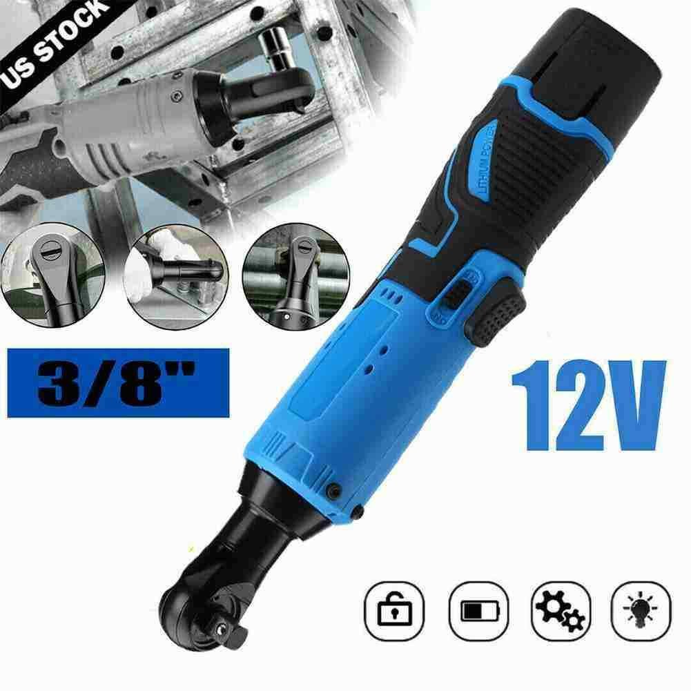3/8" Cordless Ratchet Right Angle Wrench Impact Power Tool with 2 Battery & 7 Socket
