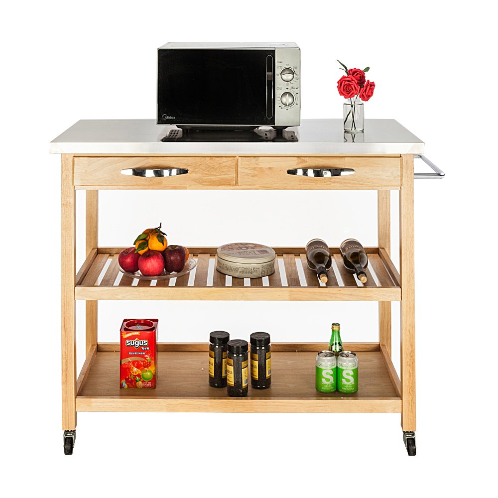 Moveable Kitchen Cart with Stainless Steel Tabletop & 2 Drawers & 2 Shelves Burlywood