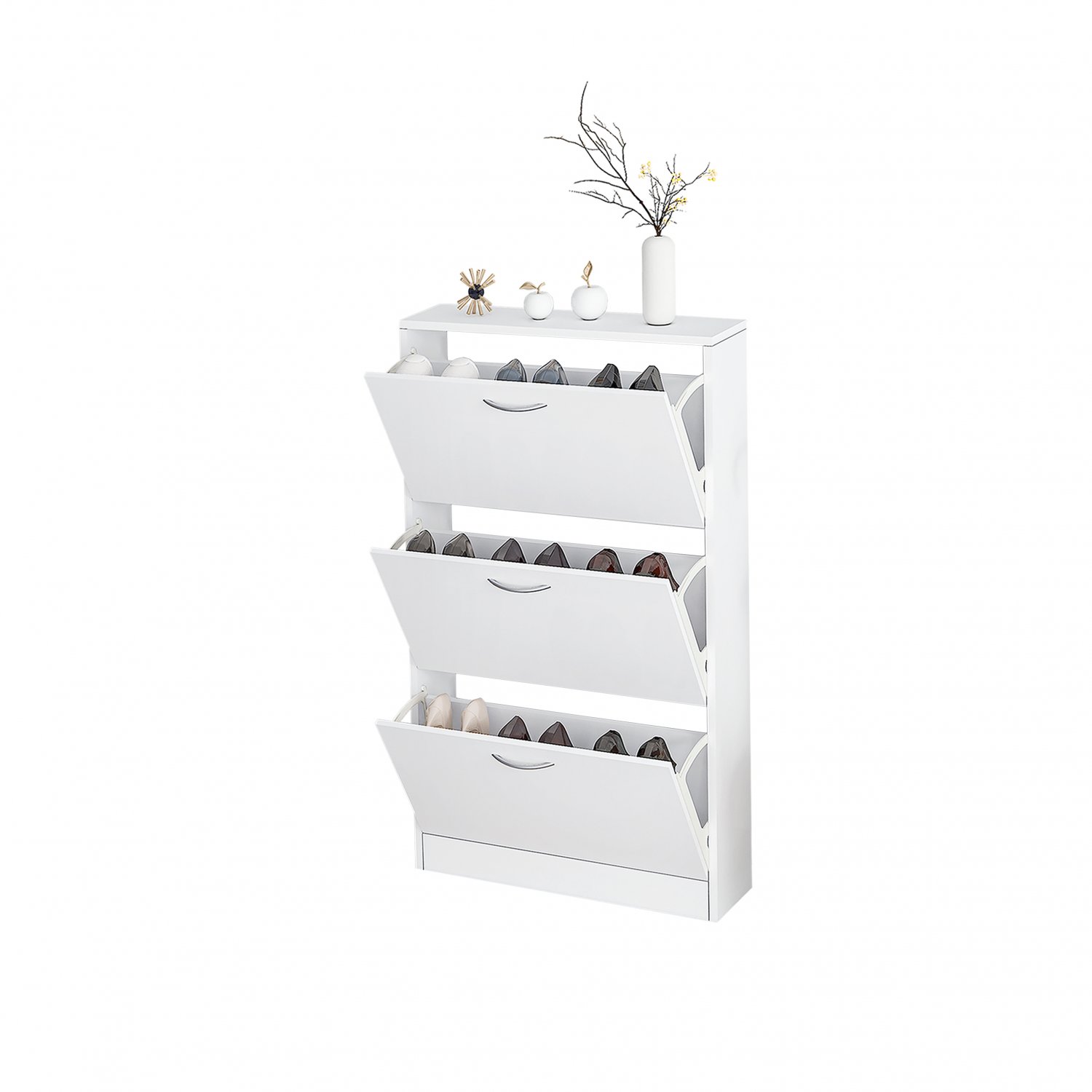 3-Tier Wooden Narrow Flip Down Shoe Storage Cabinet White