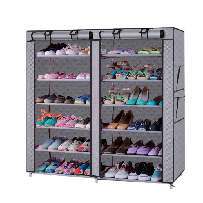 12-Lattice Dual Rows Non-woven Fabric Shoe Rack Gray