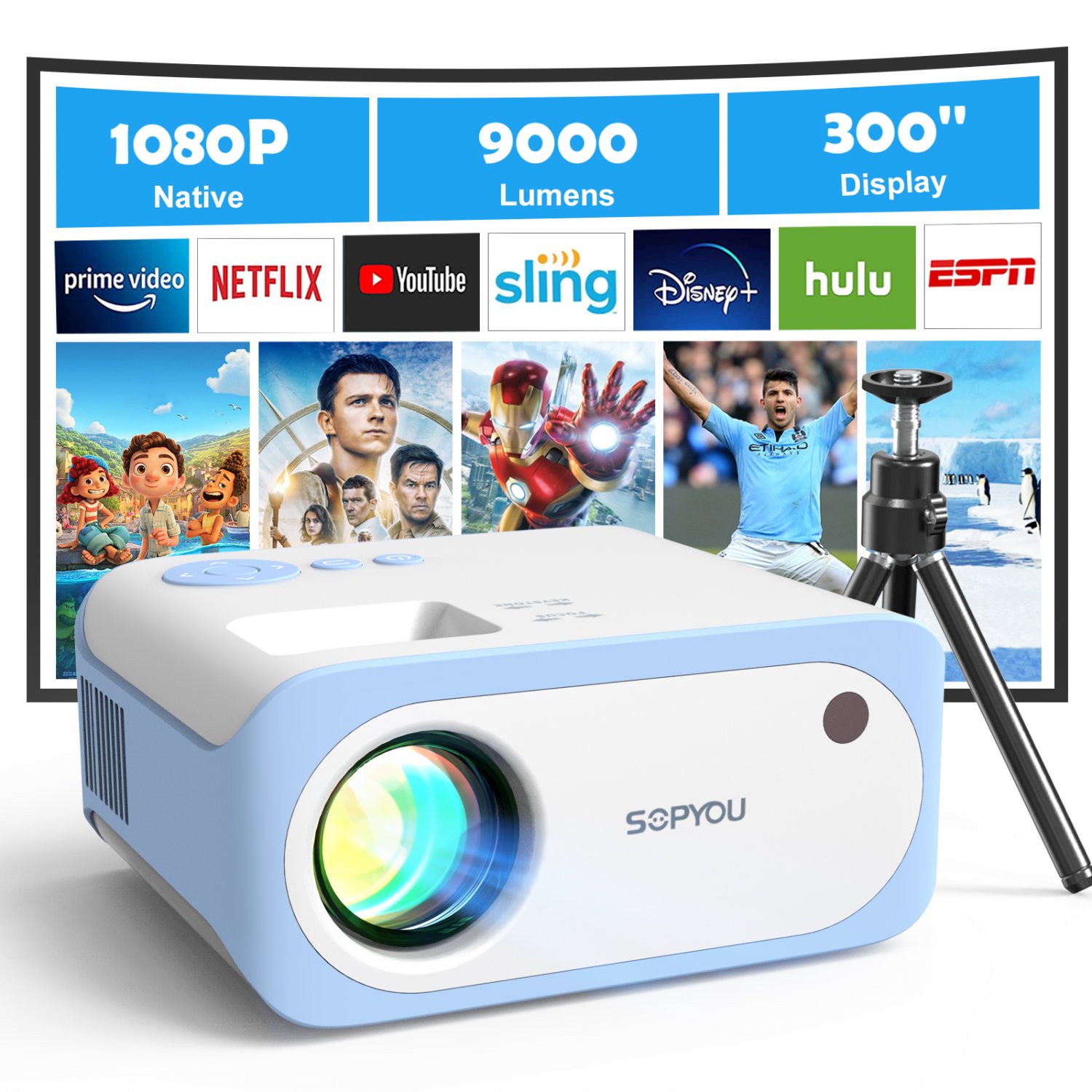 SOPYOU Native 1080P Full HD 9000L Projector 4K Supported with 360Â° Tripod